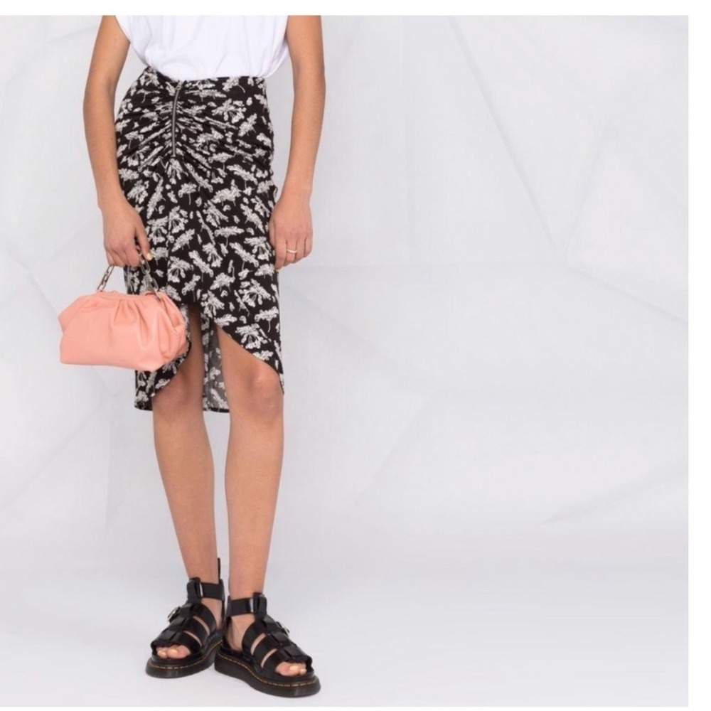 Rag & Bone Sabeen Black White Floral Ruched Zip Front Midi Skirt Small